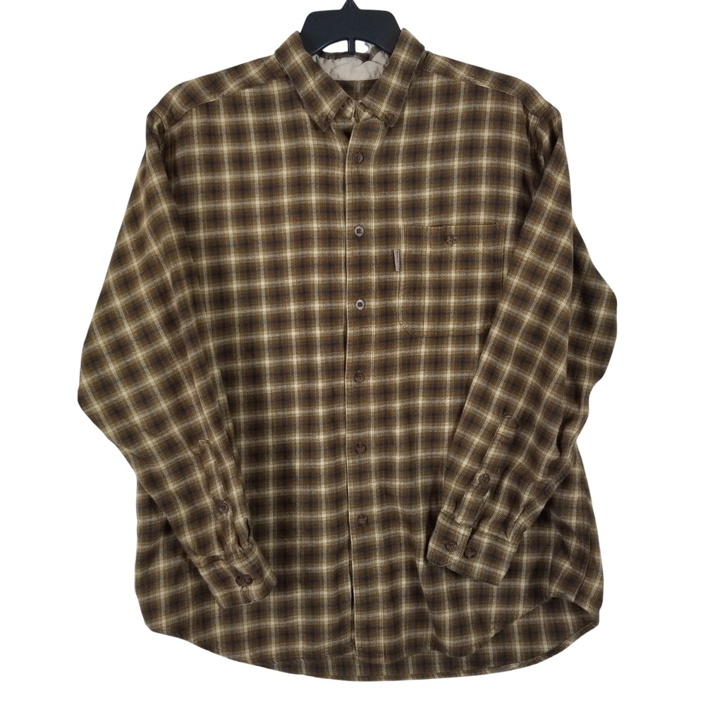 Woolrich Mens Brown Plaid Flannel Button Down Shirt 100% Cotton Large 6004 NTO